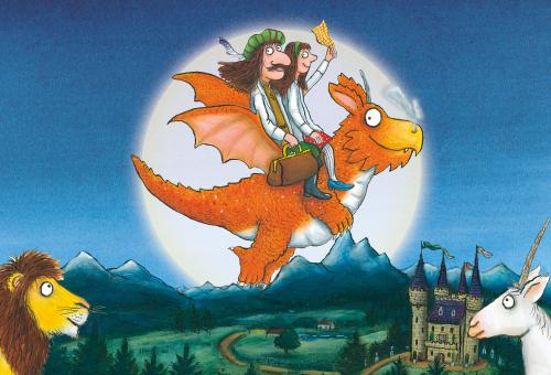 lllustration by Axel Scheffler of Zog the dragon flying at sunset with Princess Pearl and Sir Gadabout